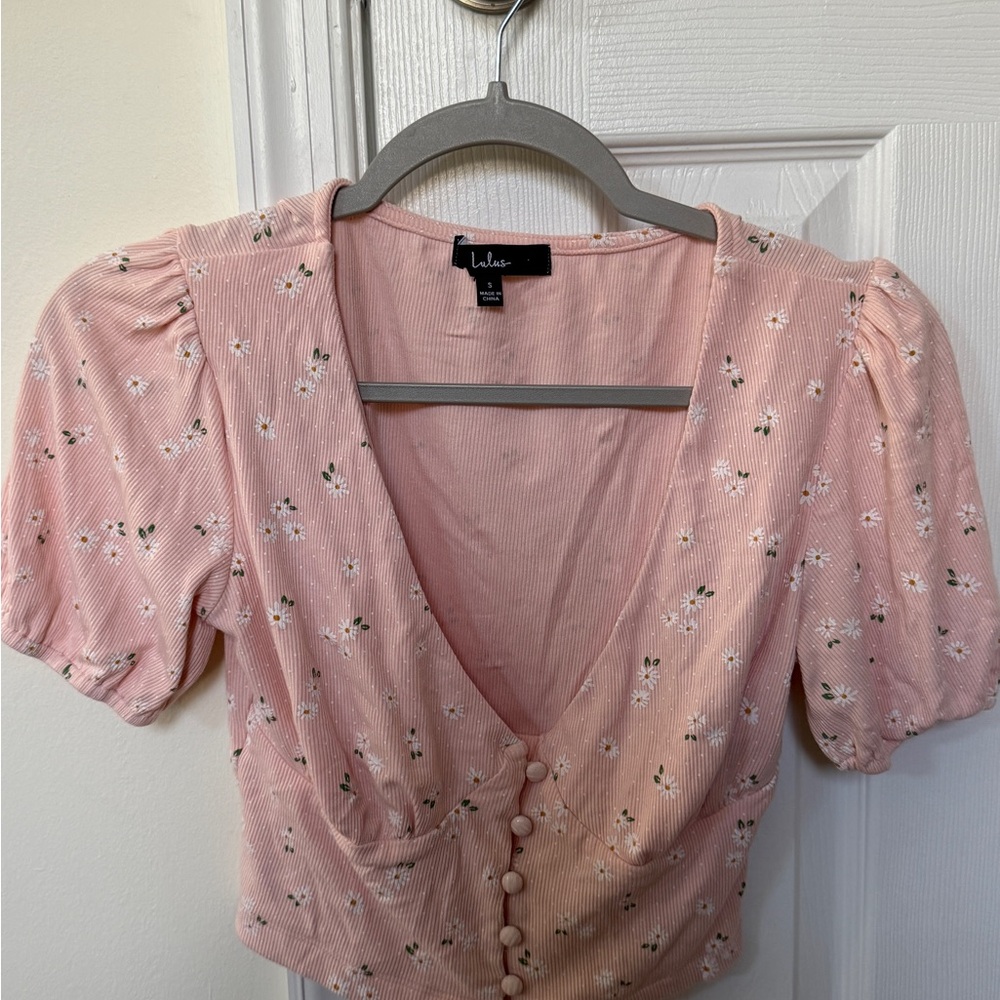 Lulu's Blush Pink Floral Button-Up Crop Top